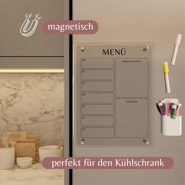 MENÜ | Magnetischer Kühlschrank-Planer aus Acrylglas | Woche im Überblick | Einkaufsliste & Notizen | abwischbar