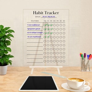 Personalisierter Habit Tracker | Routinenplaner aus Acrylglas | mit Tisch Staffelei | Wiederverwendbar | Gewohnheitstracker für den Tisch