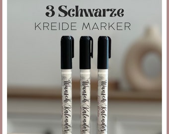 Schwarze Kreide Marker, Set mit 3 schwarzen Markern, Chalkboard Marker, Wunsch Kalender Stifte. Kreidemarker