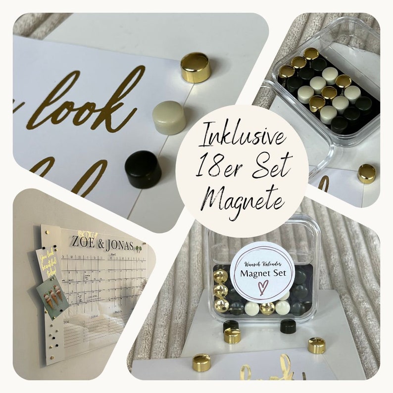 May include: A set of 18 magnetic round discs in black, white, and gold. The magnets are in a clear plastic container with a label that says "Wunsch Kalender Magnet Set" with a heart symbol. The magnets are shown on a white surface with a gold, white, and black patterned background.