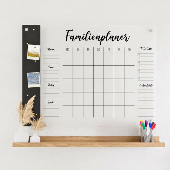 Familienplaner für 4 Personen mit Magnetboard | Kalender mit 4 Namensfeldern | Personalisierter Monatsplaner aus Acrylglas | Magnettafel
