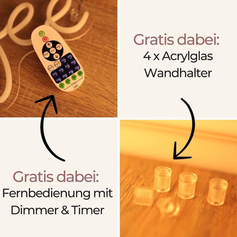May include: White neon sign that says "Free" with a remote control and four clear acrylic wall mounts. The remote control has buttons for on/off, brightness, timer, and different light modes. The text "Gratis dabei: Fernbedienung mit Dimmer & Timer" is visible in the image. The text "Gratis dabei: 4 x Acrylglas Wandhalter" is also visible in the image.