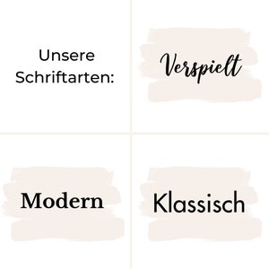 May include: A graphic design showing two font styles: "Verspielt" and "Modern". The text "Unsere Schriftarten" is also included.
