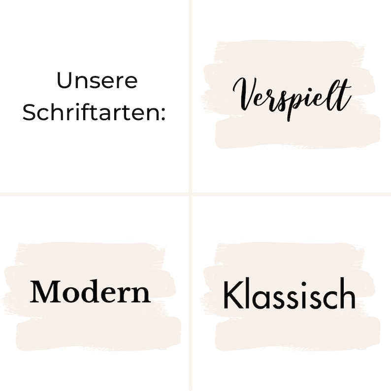 May include: A graphic design showing two font styles: "Verspielt" and "Modern". The text "Unsere Schriftarten" is also included.