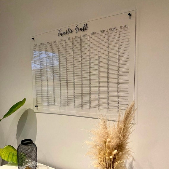 Jahreskalender | Personalisierte Jahresübersicht aus Acrylglas | wiederverwendbar | Perfekte Geschenkidee | Familienkalender für die Wand