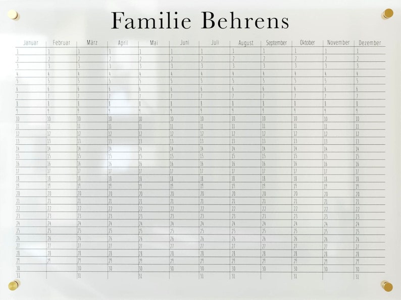 May include: A white dry-erase calendar with the text "Familie Behrens" at the top. The calendar is divided into 12 months, with each month having 31 days. The calendar is perfect for keeping track of appointments, birthdays, and other important dates.