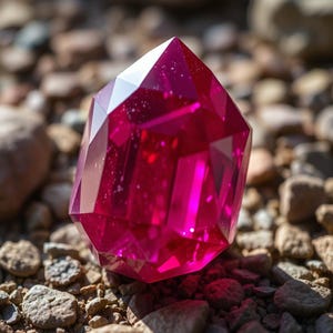 May include: A bright pink, faceted gemstone with a polished finish, set against a bed of small, brown rocks. The gem's cut creates multiple reflective surfaces, enhancing its brilliance. The contrast between the gem and the rocks highlights its colour and form.