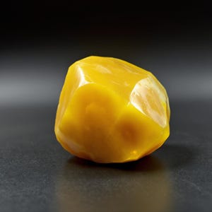 May include: A faceted, golden-yellow gemstone with a polished surface. The gem has a geometric shape with multiple flat faces, reflecting light. The background is a dark grey, creating contrast with the bright yellow stone. The gem appears to be a decorative object.