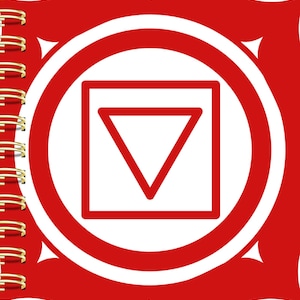 May include: Red and white journal with the words "Self love Journal" on the cover. The cover features a red and white mandala with a white triangle inside.