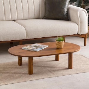 Oval Low Coffee Table, Walnut Wood Side Table with Wood Legs, Midcentury Modern Small Coffee Table Livingroom Furniture, Wooden Center Table