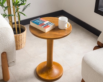 Round End Side Table, Solid Oak Wood Pedestal Leg Coffee Tables, One Tulip Legs Narrow Sofa Table