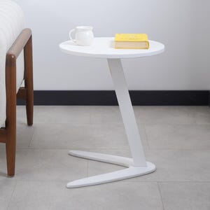 White C Shape End Side Table Wood, Small Z Shape Table for Couch, Round Sofa End Side Table, C Coffee Table Livingroom Furniture