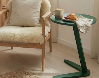 C Shape End Table, Small Space Wooden Side Coffee Tables, Round Couch Sofa Table