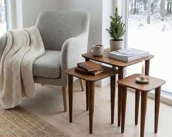 Walnut Wood Nesting End Table Set of 3, Small Side Coffee Table, Mid Century Modern Square Table Nest Table Set 2 Livingroom Furniture