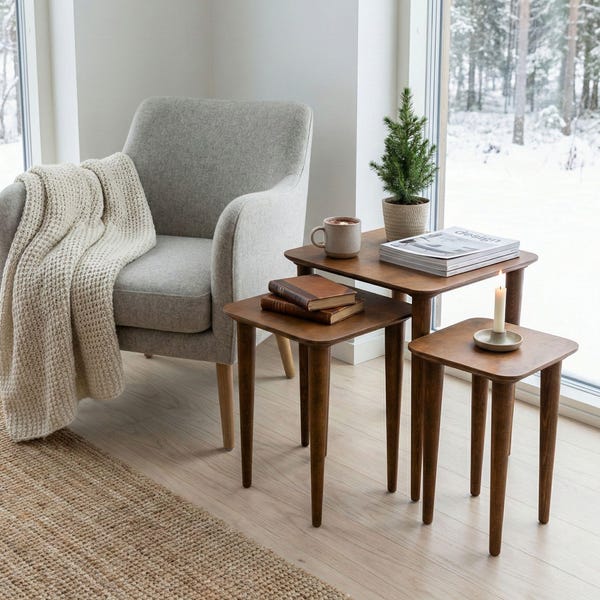 Walnut Wood Nesting End Table Set of 3, Small Side Coffee Table, Mid Century Modern Square Table Nest Table Set 2 Livingroom Furniture