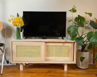 Rustic Wooden Rattan Tv Stand, Mid Century Modern Tv Unit Cabinet, Turntable Record Player Stand, Handmade Tv Console Livingroom Furniture