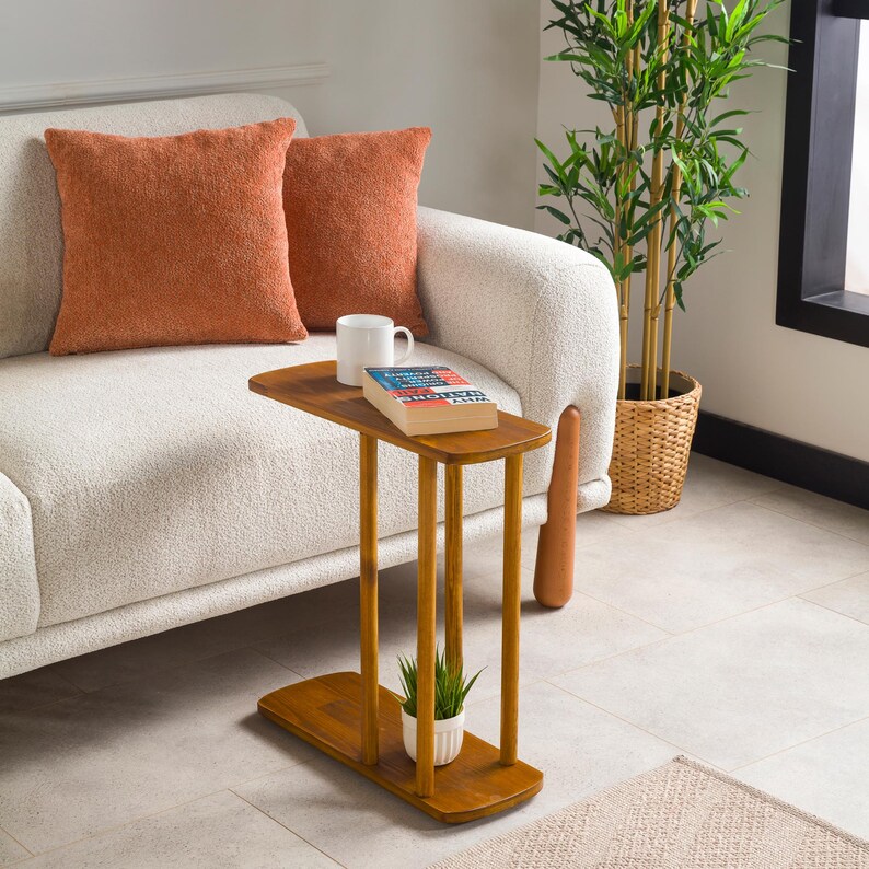 End Side Coffee Table with Storage, Narrow Side Small Sofa Couch Table C Shape Solid Oak Pine Wood Tables image 16