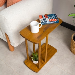 End Side Coffee Table with Storage, Narrow Side Small Sofa Couch Table C Shape Solid Oak Pine Wood Tables image 19