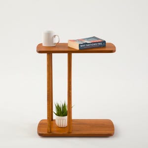 End Side Coffee Table with Storage, Narrow Side Small Sofa Couch Table C Shape Solid Oak Pine Wood Tables image 11