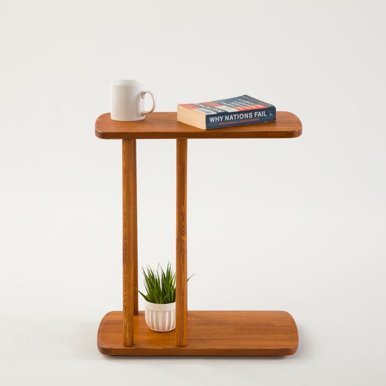 End Side Coffee Table with Storage, Narrow Side Small Sofa Couch Table C Shape Solid Oak Pine Wood Tables image 11