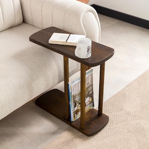 Narrow End Side Coffee Table with Storage, C Shape Couch Side Table Solid Dark Walnut Pine Wood, Small Sofa End Table Livingroom Furniture