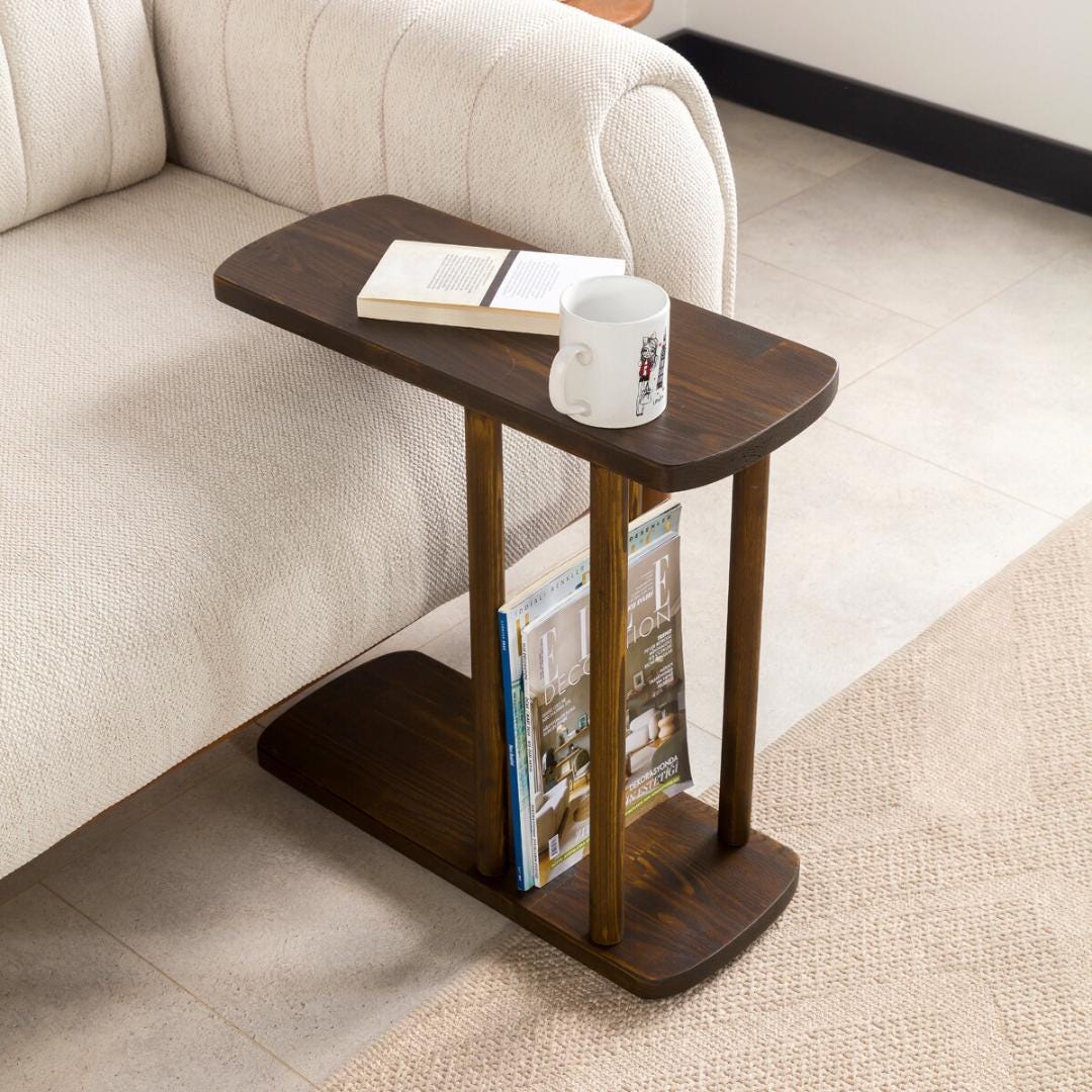 Narrow End Side Coffee Table with Storage, C Shape Couch Side Table Solid Dark Walnut Pine Wood, Small Sofa End Table Livingroom Furniture