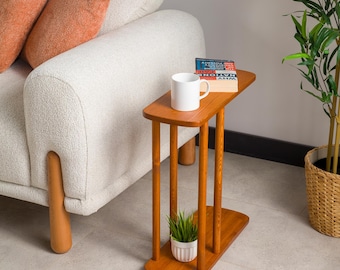 Narrow End Side Table with Storage, Solid Pine Wood Two Tier Slim Coffee Tables for Sofa