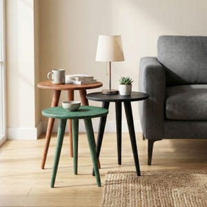 Walnut Wood Small Bedside End Tables, Nesting Oval Coffee Table Set, Mid Century Modern Round Nest of Table