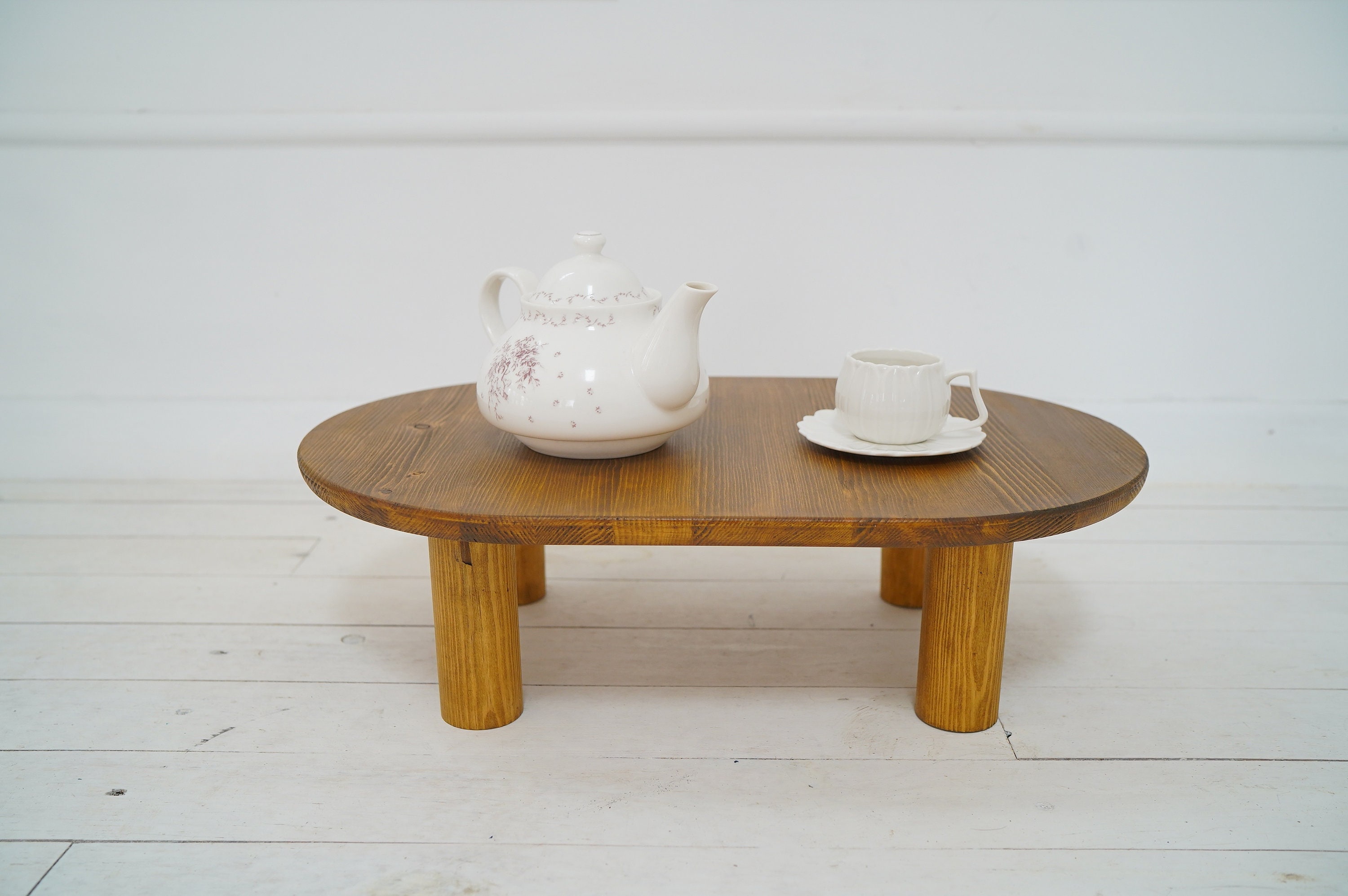 Oval Low Coffee Table, Walnut Wood Side Table With Wood Legs