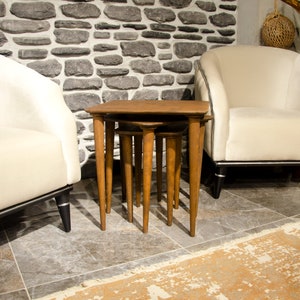 Here’s Square Walnut Wood Nesting End Table Set of 3! This Small Side Coffee Table will be absolutely fantastic Furniture Decor in your home. Your living room underwent a transformation with the addition of a Mid Century Modern style