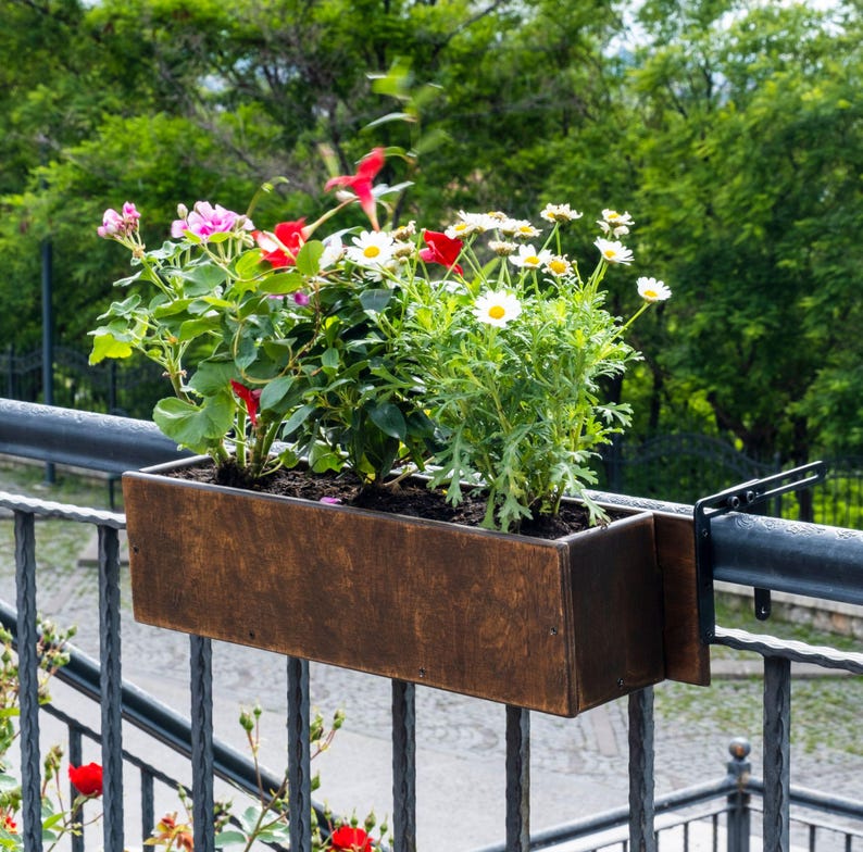 Wooden Railing Planter Box For Balcony Rectangle Garden Planter With Wooden Railing Planter Box For Balcony Rectangle Garden Planter With