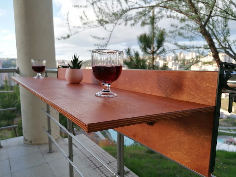 Balcony Table Space Saver, Balcony Bar Table for railing, Wooden Patio Bar, Patio table, Folding Table for Terrace, custom folding table Chestnut