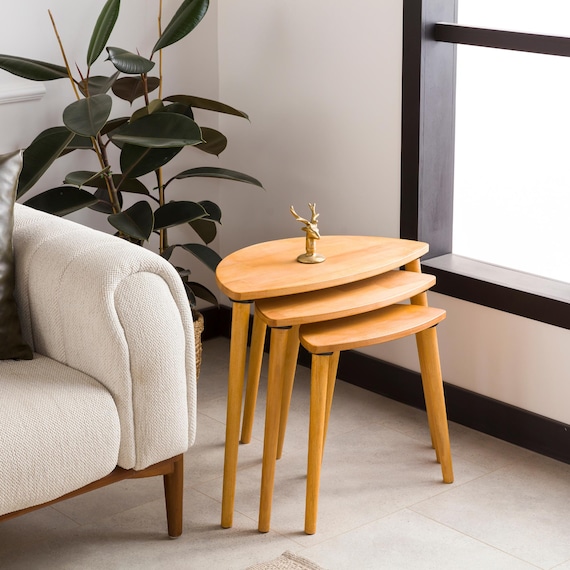 Nesting End Side Coffee Table Set of 3, Solid Pine Wood Mid