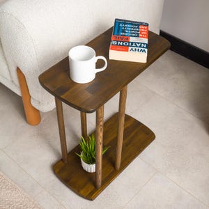 Narrow End Side Table with Storage, Small Space Side Table for Sofa Couch, Solid Dark Walnut Pine Wood Slim Coffee Table Livingroom