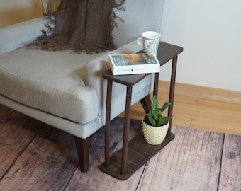 Mesa auxiliar estrecha para sala de estar, mesa de sofá, mesa de sofá de madera de nogal, mesa auxiliar delgada, mesa rectangular, mesa de centro moderna, mesa auxiliar alta