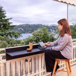 Balcony Bar Rail Table, Railing Deck Table Foldable, Spacesaving Pop Up Pub Table Apartment, Small Space Fold Down Breakfast Table Furniture