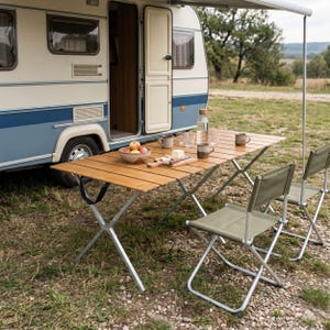 May include: A rectangular folding wooden camping table with a metal X-frame base, accompanied by two olive green folding chairs. On the table surface are a ceramic bowl filled with apples, a glass water bottle, and several ceramic mugs.