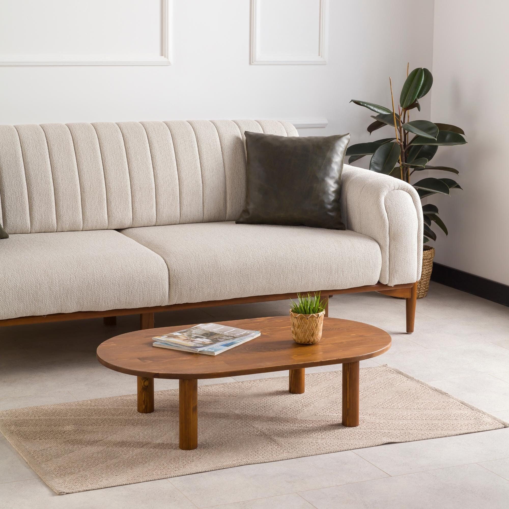 Oval Low Coffee Table, Walnut Wood Side Table With Wood Legs