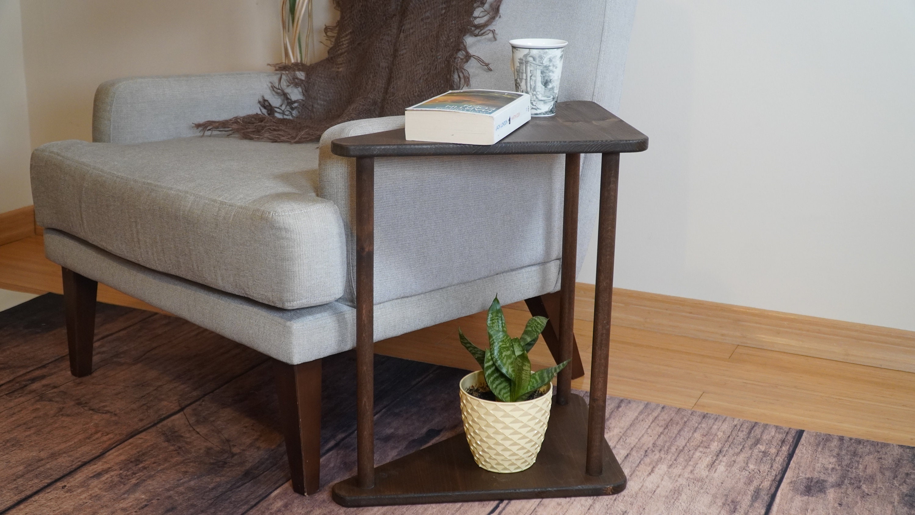 Oak Triangle Corner Table Solid Wood End Table Cross Legs Minimalist Night  Stand Modern Accent Table Living Room Side Table 