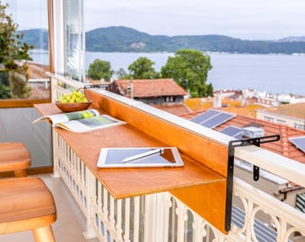 Balcony Bar Table, Space Saver Railing Pub Table Patio, Wooden Apartment Deck Table Outdoor Hosting Furniture, Folding Down Table Terrace