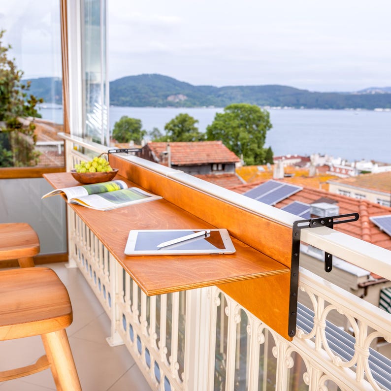 We perfectly combine Balcony Bar Table with Space Saver Railing Pub Table for Home Outdoors Patio! Here is Wooden Apartment Deck Table Outdoor Hosting Furniture!