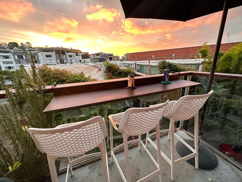 Customizable Folding Space Saving Bar Table for Deck, Veranda, Rooftop, and Porch Railings, Balcony Outdoor Foldable Bar Table Walnut