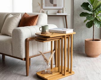 Nesting End Side Table Set of 3 with Storage, Solid Pine Wood Two Tier Slim Coffee Tables Sets