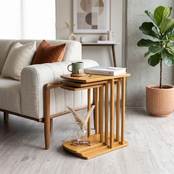 Nesting End Side Table Set of 3 with Storage, Solid Pine Wood Two Tier Slim Coffee Tables Sets