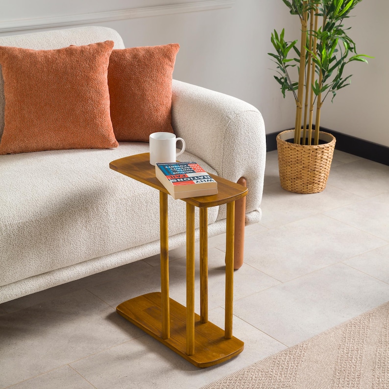 End Side Coffee Table with Storage, Narrow Side Small Sofa Couch Table C Shape Solid Oak Pine Wood Tables image 13