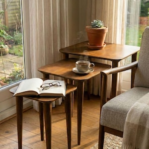 Square Black Nesting End Side Coffee Table Set of 3

Mid Century Modern Small Coffee Table | Wood Nest of Tables | Living Room Furniture

Add a clean and modern touch to your living space with this square black nesting end table set. Designed in a mid-century modern and minimalist style, these tables are perfect for small living rooms, apartments, and space-saving interiors.

You can use the tables together as a nesting set or separately as side tables, coffee tables, or sofa tables.