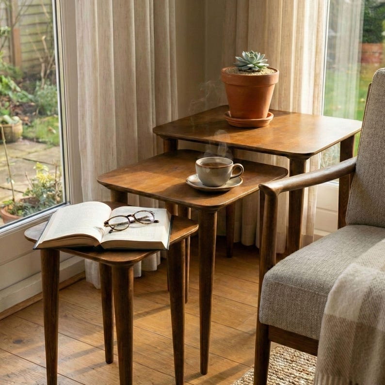 Square Black Nesting End Side Coffee Table Set of 3

Mid Century Modern Small Coffee Table | Wood Nest of Tables | Living Room Furniture

Add a clean and modern touch to your living space with this square black nesting end table set. Designed in a mid-century modern and minimalist style, these tables are perfect for small living rooms, apartments, and space-saving interiors.

You can use the tables together as a nesting set or separately as side tables, coffee tables, or sofa tables.