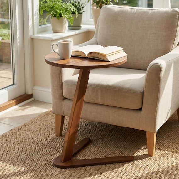 C Shaped End Side Table, Wooden Small C Coffee Tables, Modern