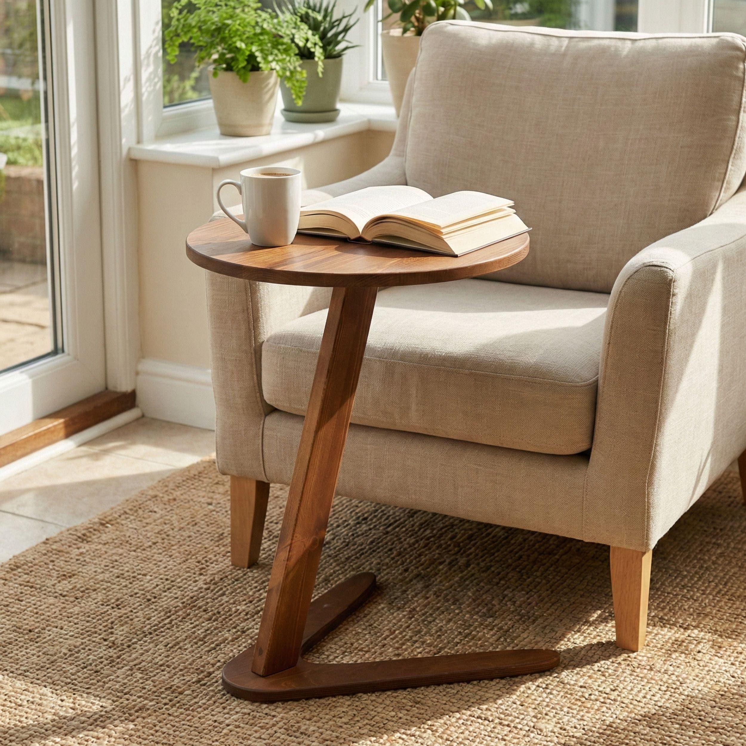 C Shaped End Side Table, Wooden Small C Coffee Tables for Sofa