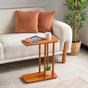 End Side Coffee Table with Storage, Narrow Side Small Sofa Couch Table C Shape Solid Oak Pine Wood Tables image 20